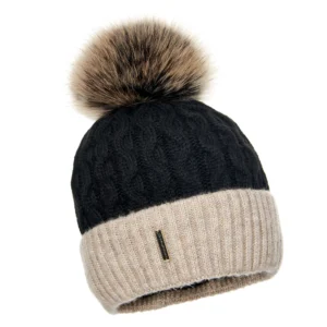 Black and Beige Wool Beanie with Pom Pom – Two-Tone Style