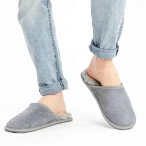 Men’s Leather Slippers – gray – wool lining