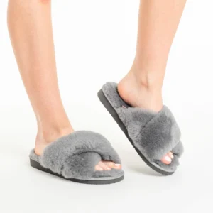 Gray Women’s Leather Slippers – Durable Indoor Comfort
