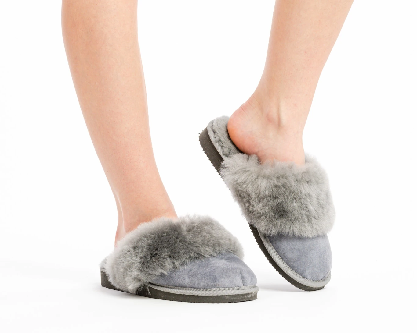 Women’s Leather Slippers – gray – wool lining