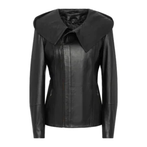 Women's Black Leather Jacket with Hood - Maja